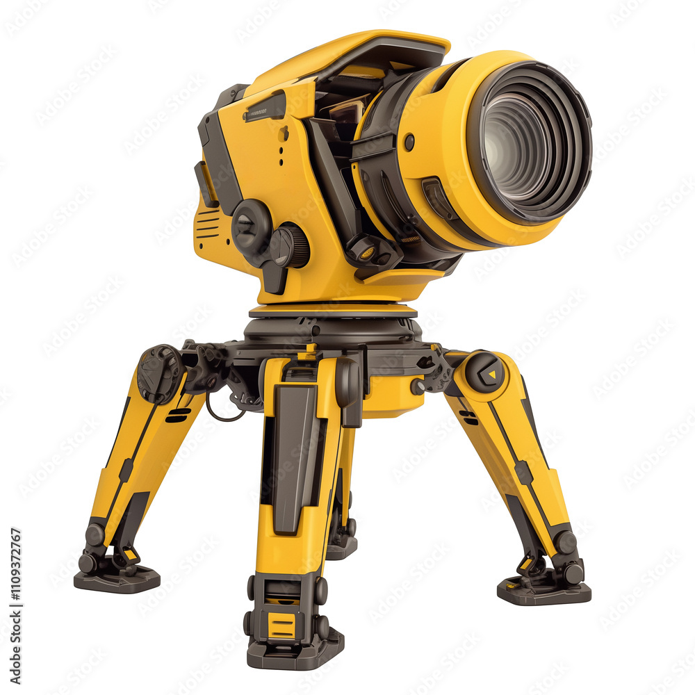 Poster yellow and black laser level with tripod design is isolated on white background, showcasing its modern and robust construction. device features adjustable legs and large lens for precision