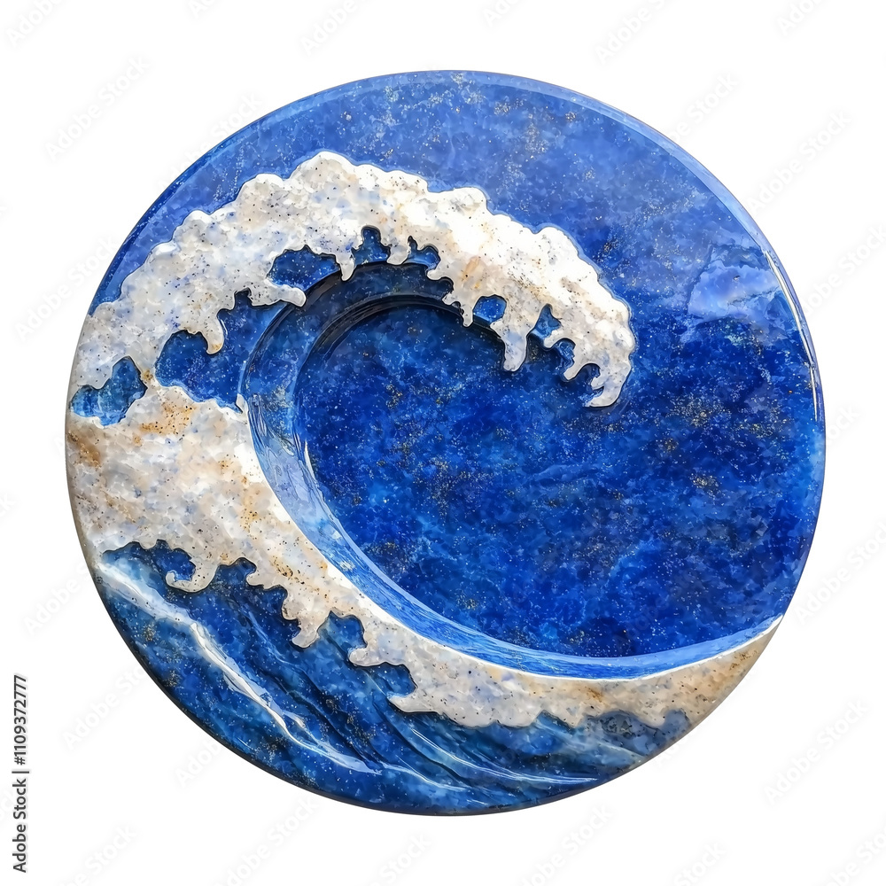 Poster circular badge featuring wave design crafted from lapis lazuli, showcasing vibrant blue and white co