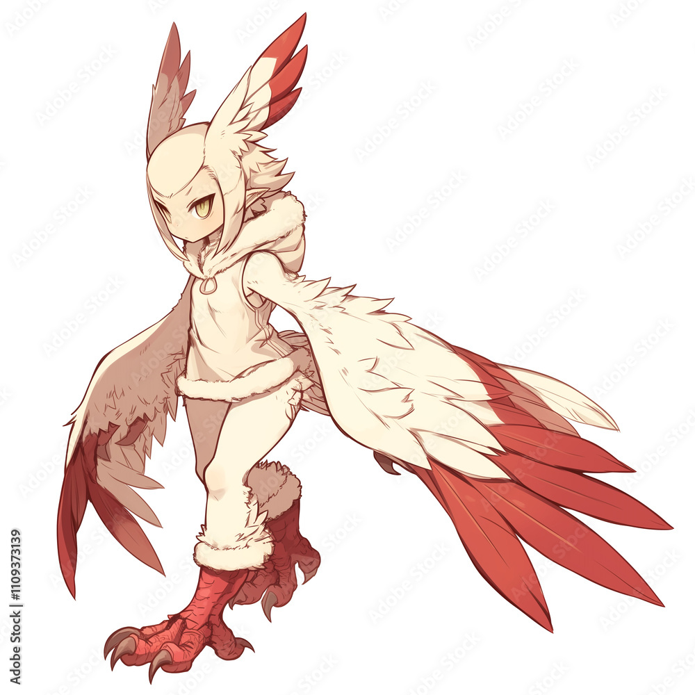 Poster fantasy bird like character with red and white feathers, wearing hooded outfit and displaying confid