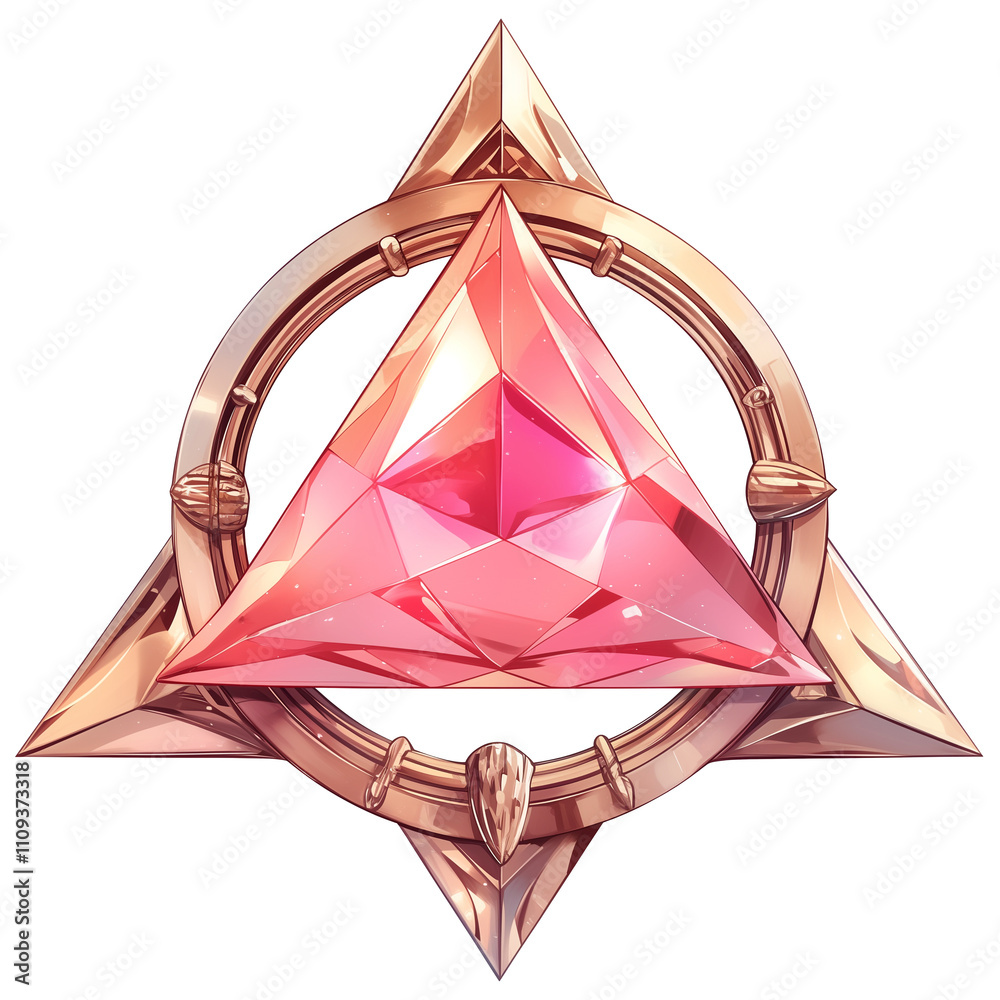 Poster shiny pink triangular gemstone is set within decorative gold frame, creating elegant and luxurious appearance. intricate design features geometric shapes and polished finish