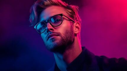 Obraz premium Stylish portrait of a man in colorful lighting studio photography