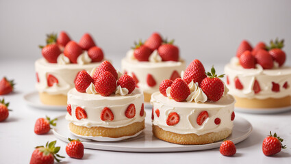 Several small cakes, topped with fresh strawberries and a light-colored filling.

