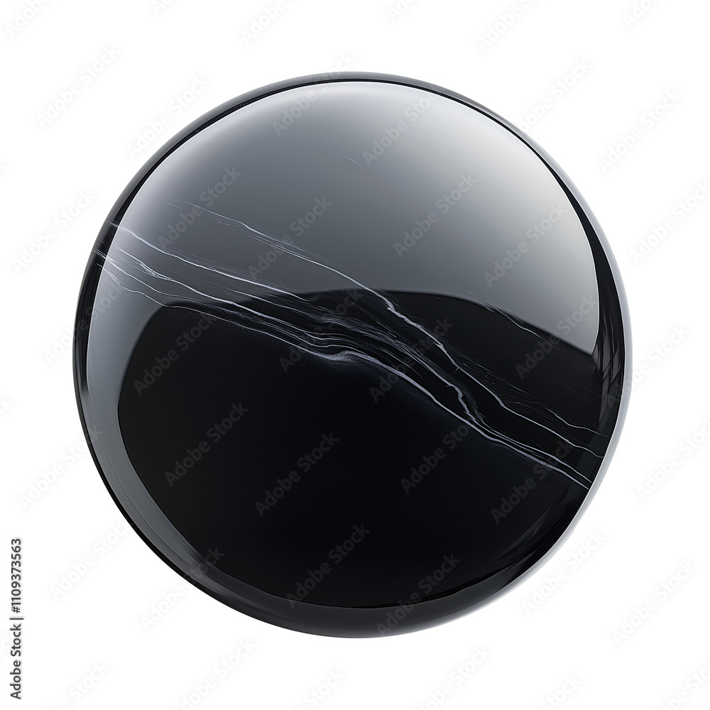 Poster sleek, glossy onyx circle badge with smooth surface and subtle white veining, isolated on white back