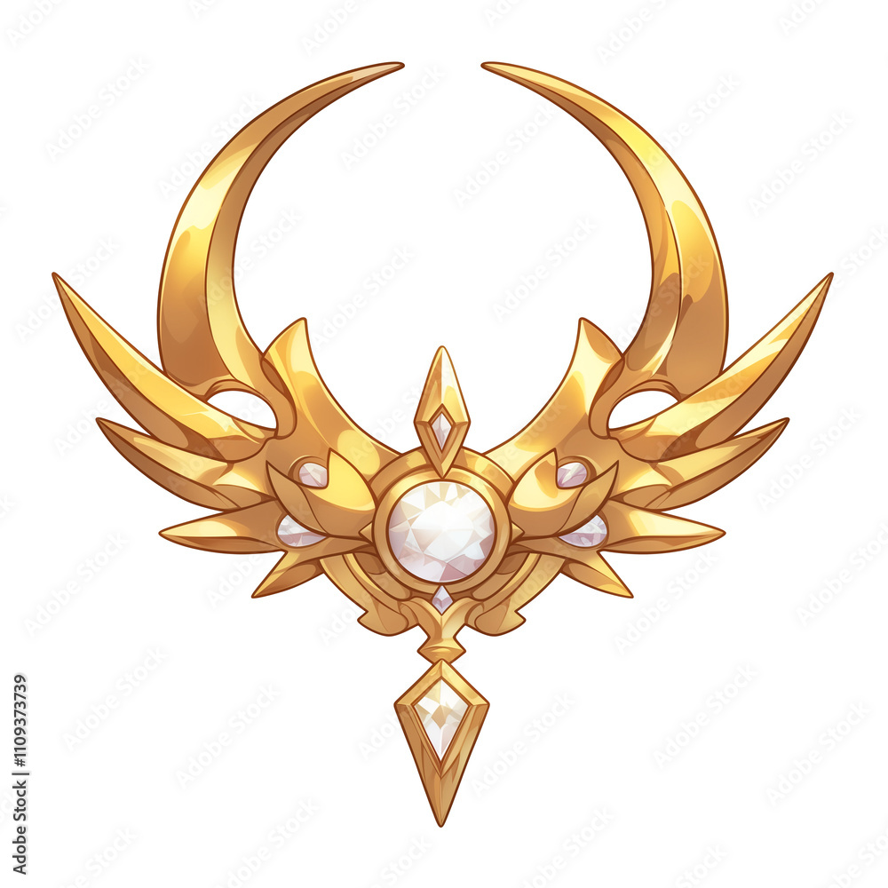 Poster golden crescent emblem with intricate winged design and central gemstone, isolated on white backgrou