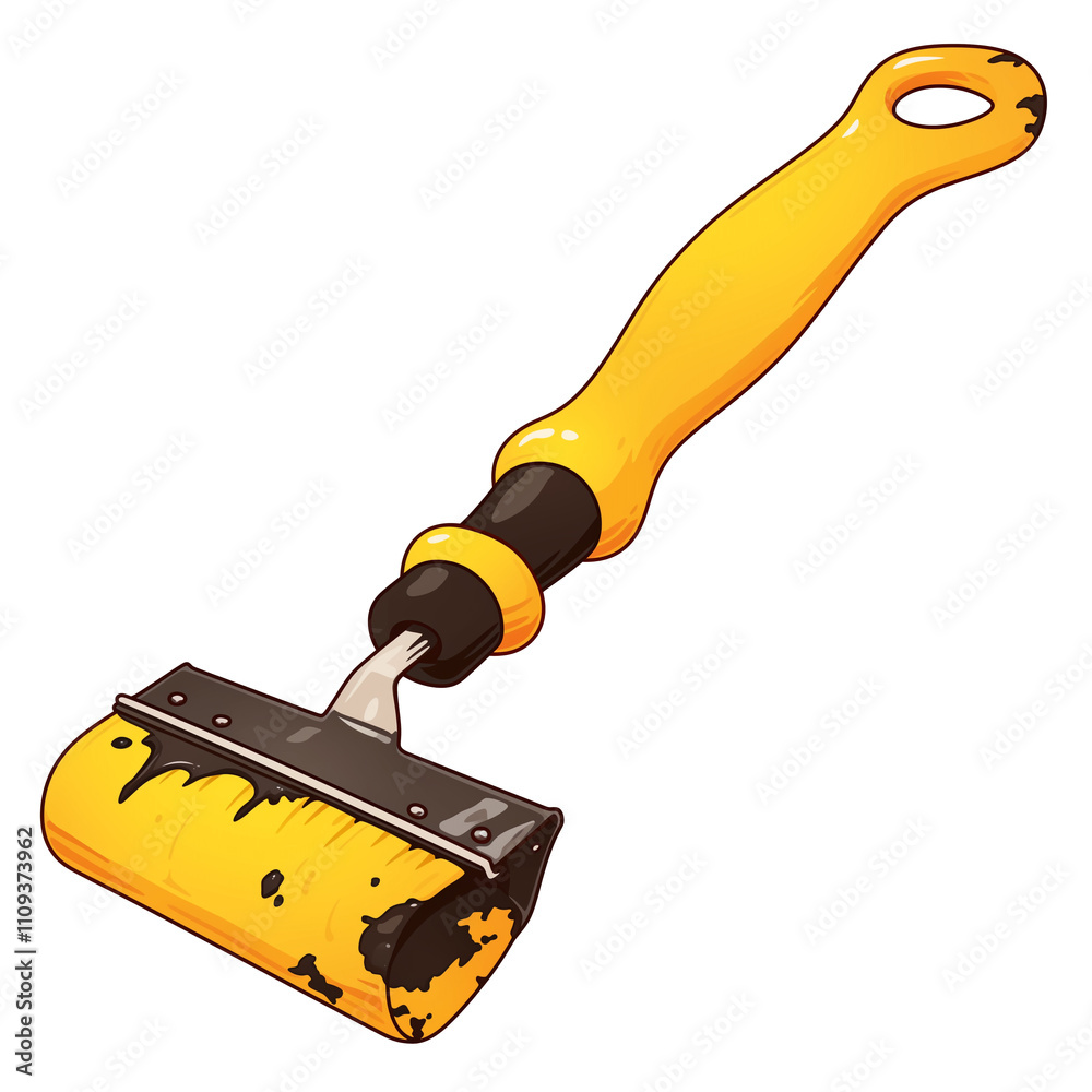 Poster yellow paint scraper with black blade, isolated on white background, showing sturdy handle and practical design for efficient paint removal