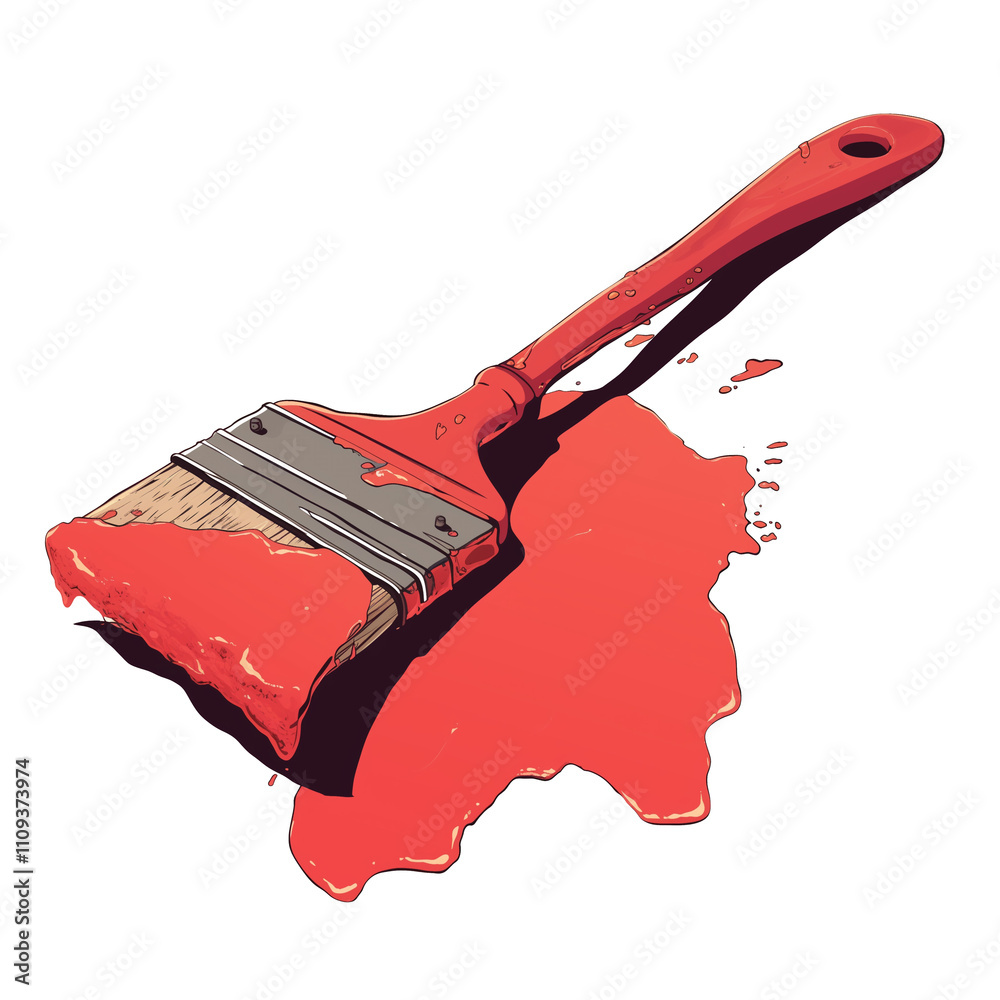 Aufkleber red paintbrush with wooden handle is covered in vibrant red paint, creating splash effect on white background. image captures dynamic motion and vivid color of paint