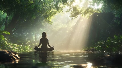 Obraz premium Meditation practice by a tranquil river nature peaceful setting