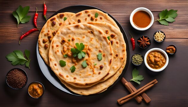 shahi Mughlai paratha served in dish isolated on wooden table top view indian spices food
