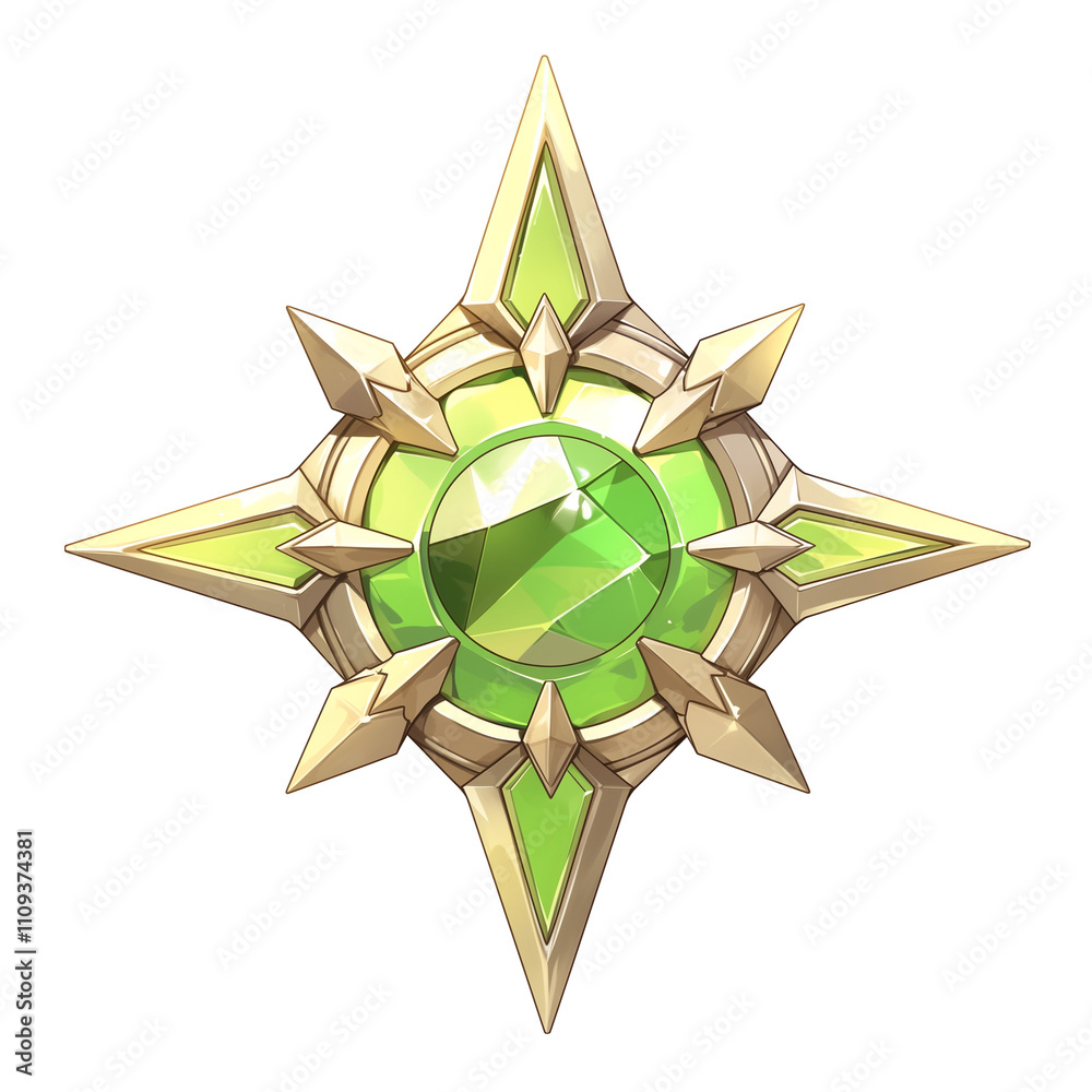 Poster vibrant green gemstone badge with sunburst design, featuring sharp golden points and central peridot