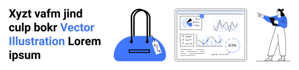 Woman holding a tablet and analyzing data on a screen with graphs and charts next to a blue handbag with a price tag. Ideal for business analysis, market research, shopping trends, online retail