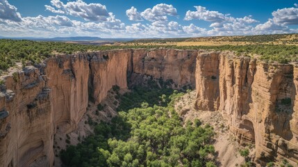 Arid canyon landscape with lush vegetation at the bottom.