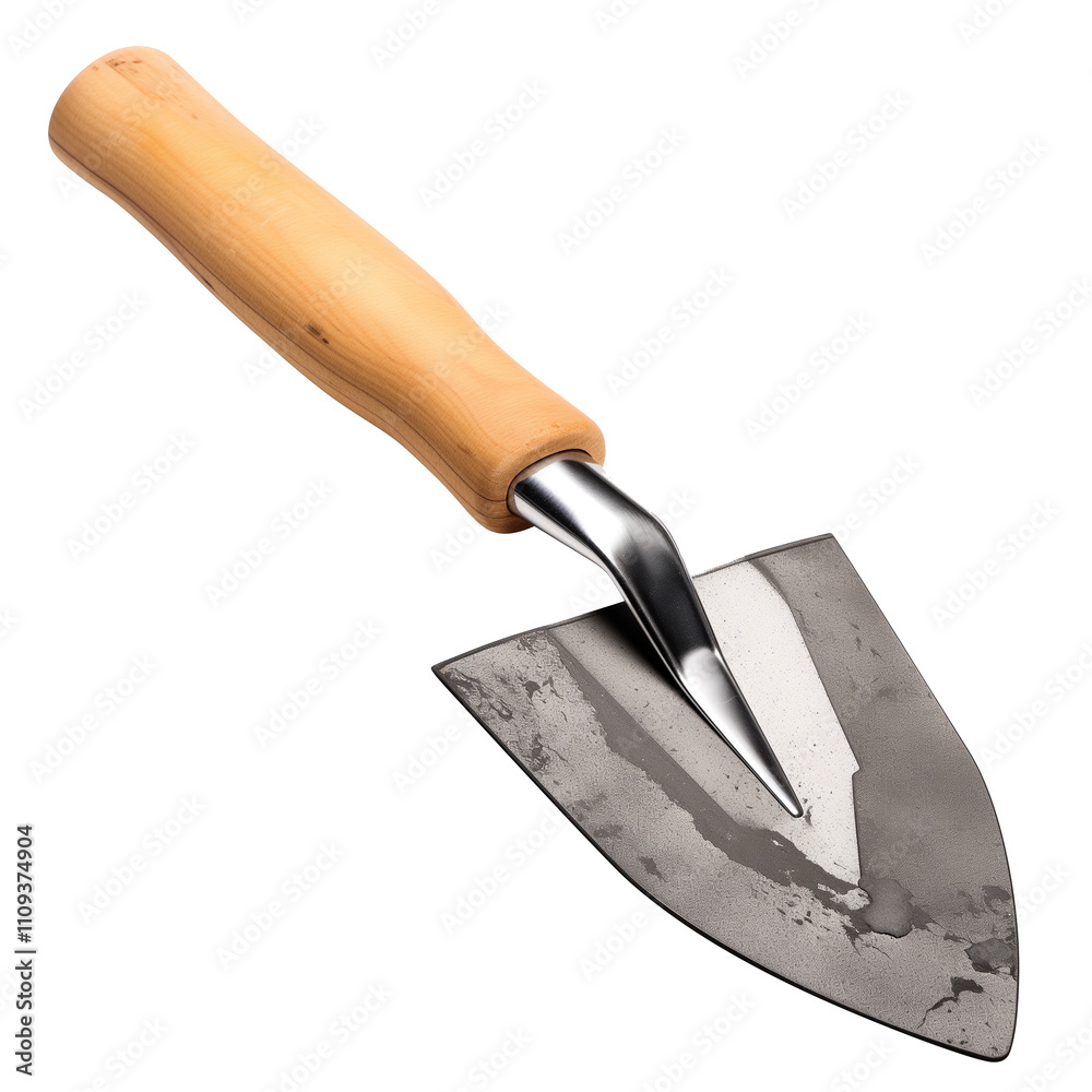 Poster plastering trowel with wooden handle and metal blade is isolated on white background, showcasing its