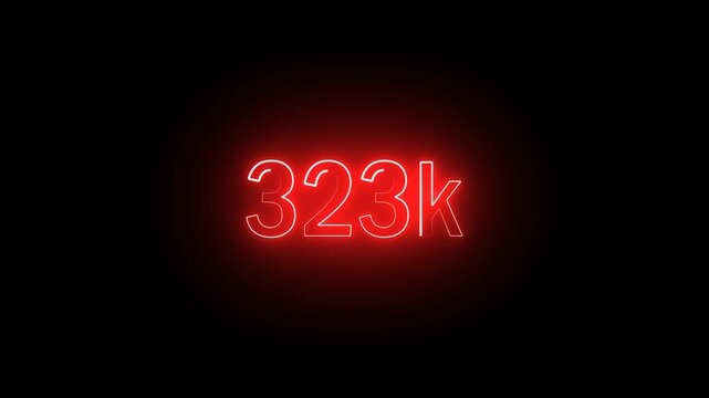 Glowing 323K text front luminous numeral animation on isolated black background. Think you drop shadow on the 323K followers numbers