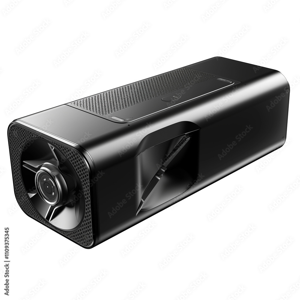 Poster sleek black portable projector with modern design, isolated on white background. ideal for home ente