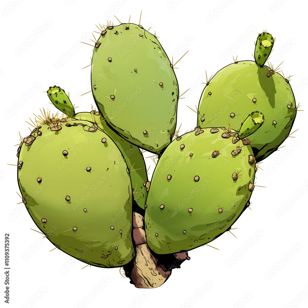 Poster prickly pear cactus with green pads and spines isolated on white background. vibrant green color and