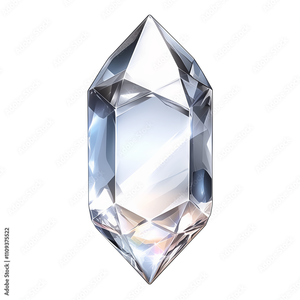 Poster clear, faceted quartz crystal with diamond like shape is isolated on white background, showcasing it