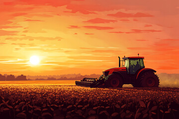 Fototapeta premium A tractor working in a field during a vibrant sunset.