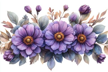 Obraz premium A vibrant watercolor illustration of purple flowers with leaves and buds.