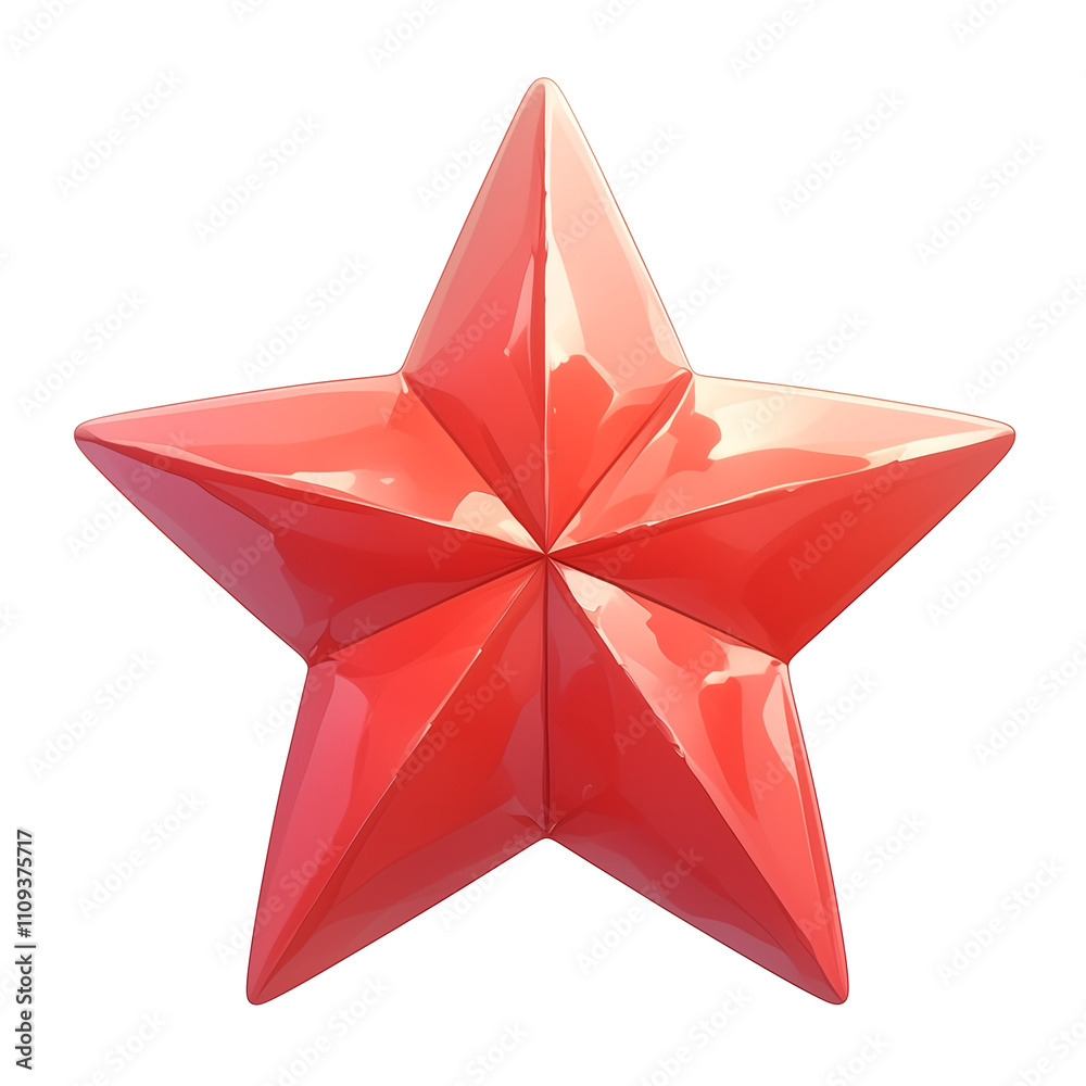 Poster shiny red star with glossy finish is isolated on white background, showcasing its symmetrical design