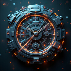 Naklejka premium Futuristic Steampunk Clock with Intricate Gears and Glowing Orange Accents