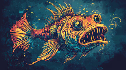 Scary depp sea fish underwater. Abyssal. Illustration