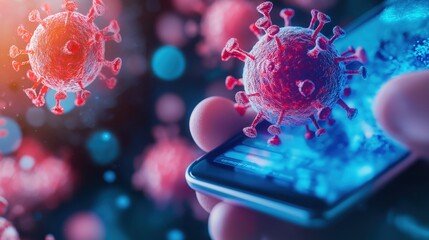 A digital illustration showing a hand holding a smartphone with COVID-19 virus particles hovering around, symbolizing health and technology's intersection.