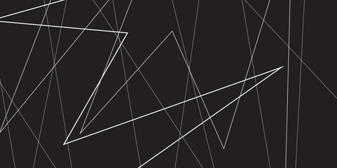 Abstract black and white geometric random chaotic lines with many squares and triangles shape. Metal grid isolated on the white background. Banner with geometric shapes, lines, stripes and triangles.