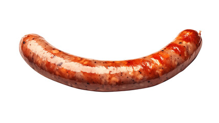 single grilled sausage link with glossy, browned surface isolated on white background, showcasing its savory texture and rich color