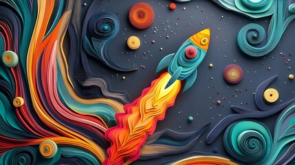 Fototapeta premium Colorful Rocket Launching Through Abstract Cosmic Landscape Design