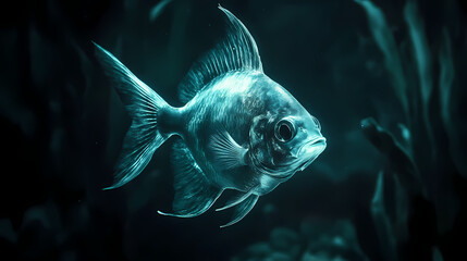 Teal hatchetfish in dark waters. Abyssal. Illustration