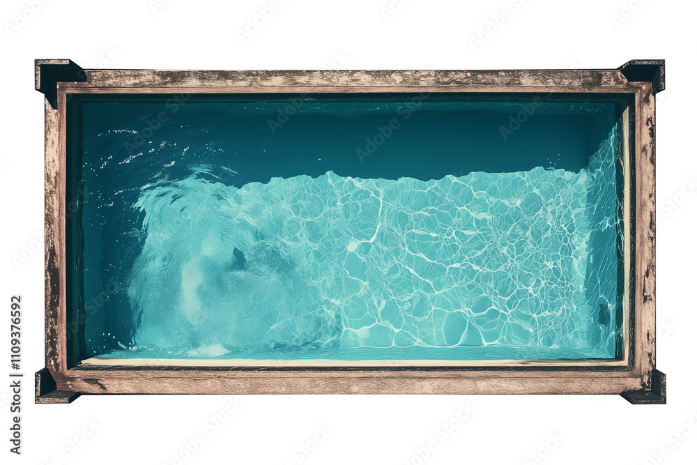 Aufkleber aerial view of shimmering pool with clear blue water and wooden frame, isolated on white background,