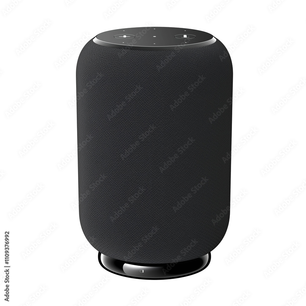 Poster sleek black smart speaker with cylindrical design, featuring touch controls on top surface, isolated
