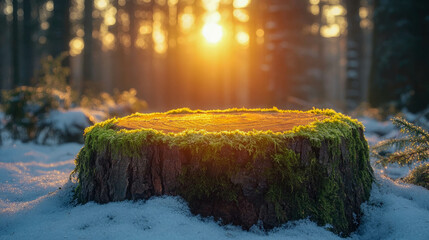 Moss-covered tree stump dusted with snow in a winter forest, surrounded by serene, misty atmosphere