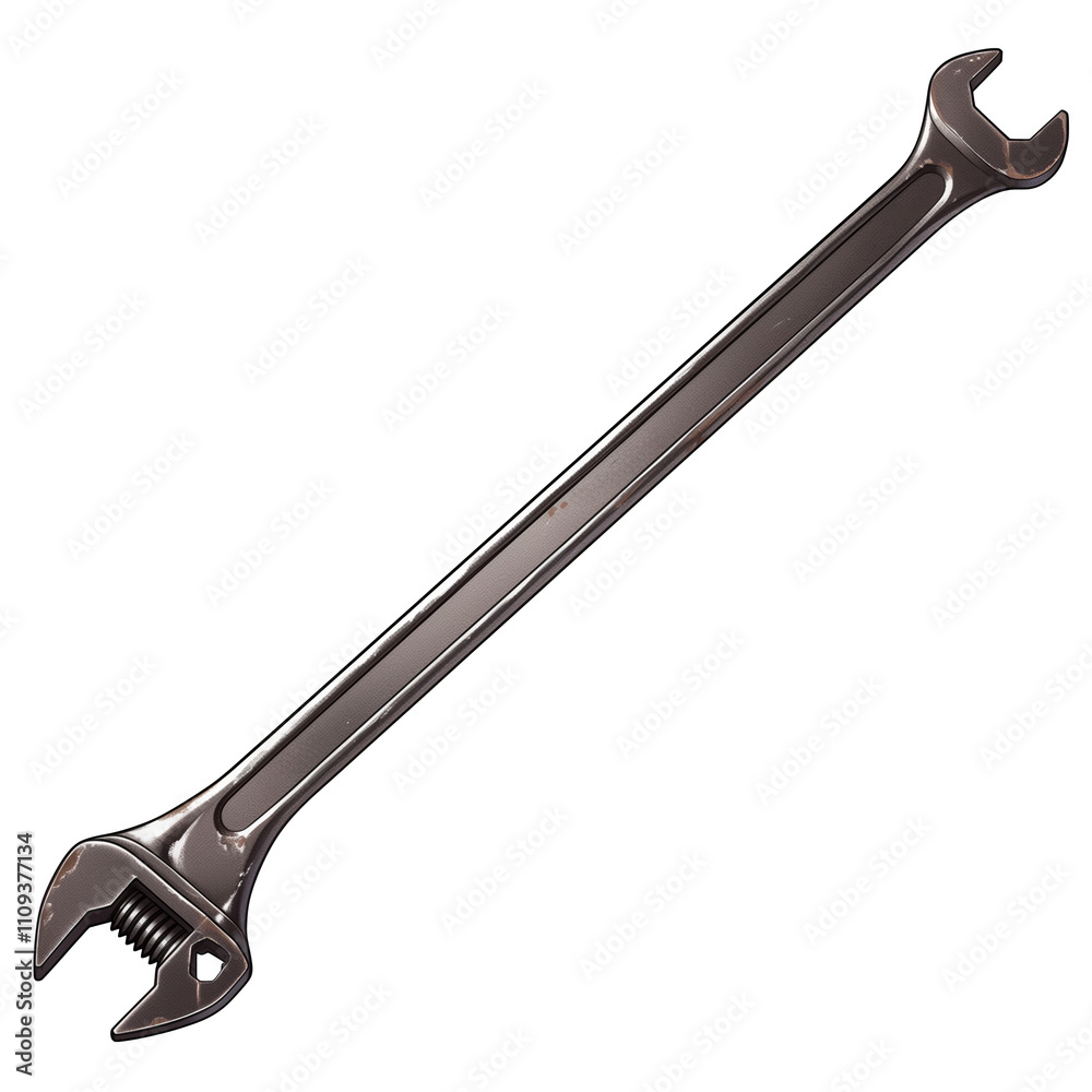 Poster shiny adjustable wrench isolated on white background, showcasing its metallic finish and ergonomic design for versatile use in various mechanical tasks