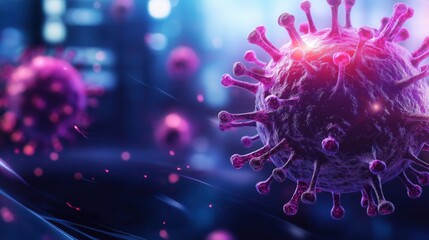 A vibrant, high-tech depiction of a virus, emphasizing its intricate structure against a futuristic background, highlighting the theme of healthcare and bioinformatics.