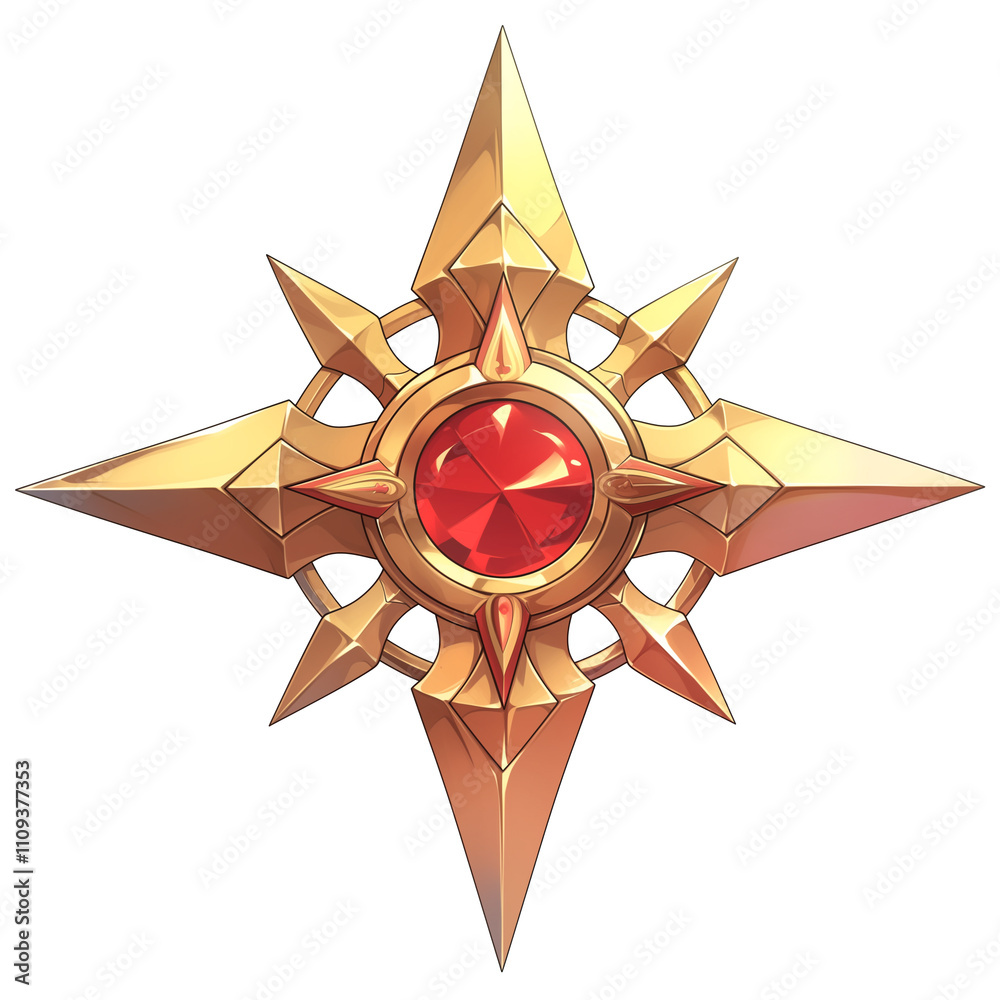 Aufkleber golden star shaped insignia with central red gem, featuring intricate geometric designs and sharp po