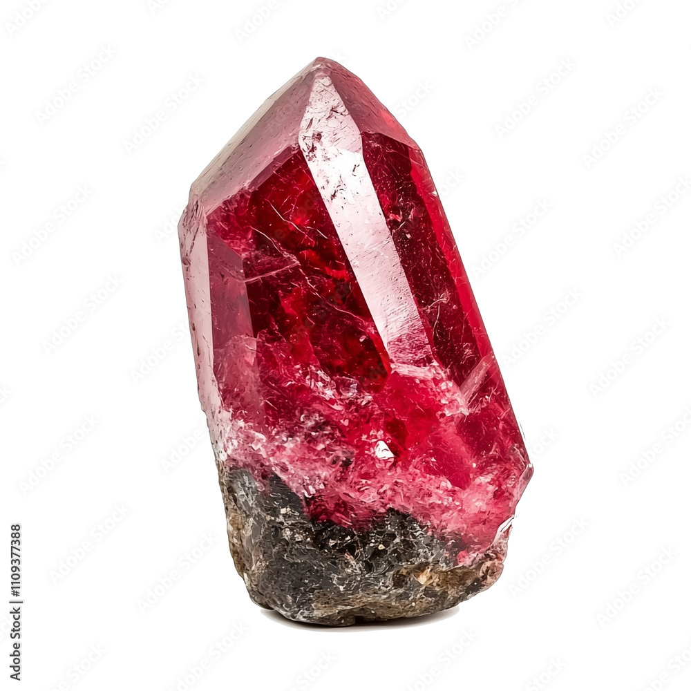 Poster vibrant red spinel crystal with sharp, faceted structure stands isolated on white background, showca