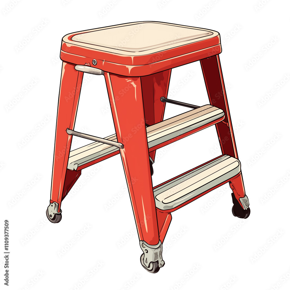 Poster vibrant red step stool with two steps and wheels, isolated on white background, showcasing its sturd