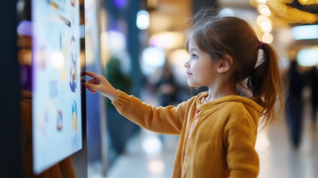 A young girl interacts with a digital screen in a bright, modern environment, showcasing curiosity and engagement with technology.