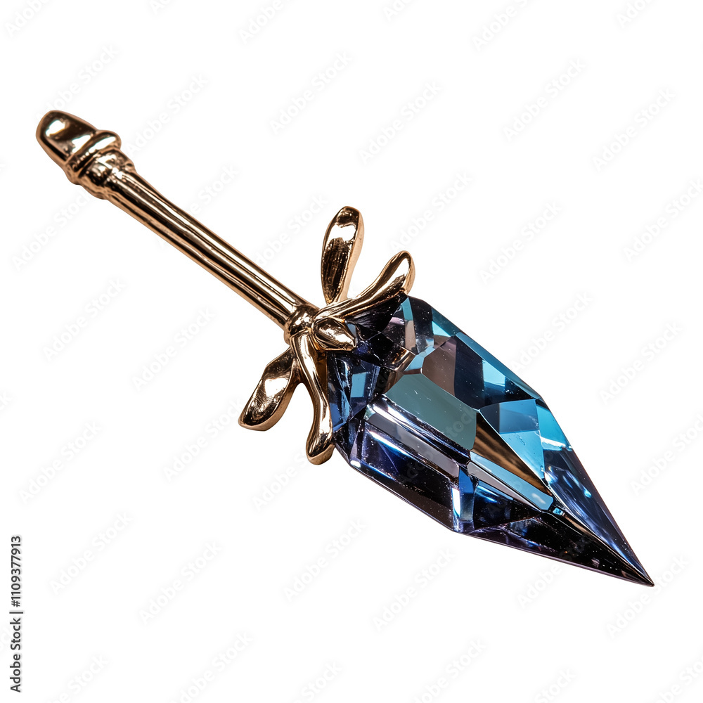 Poster gold arrow with tanzanite crystal tip is isolated on white background, showcasing its intricate desi