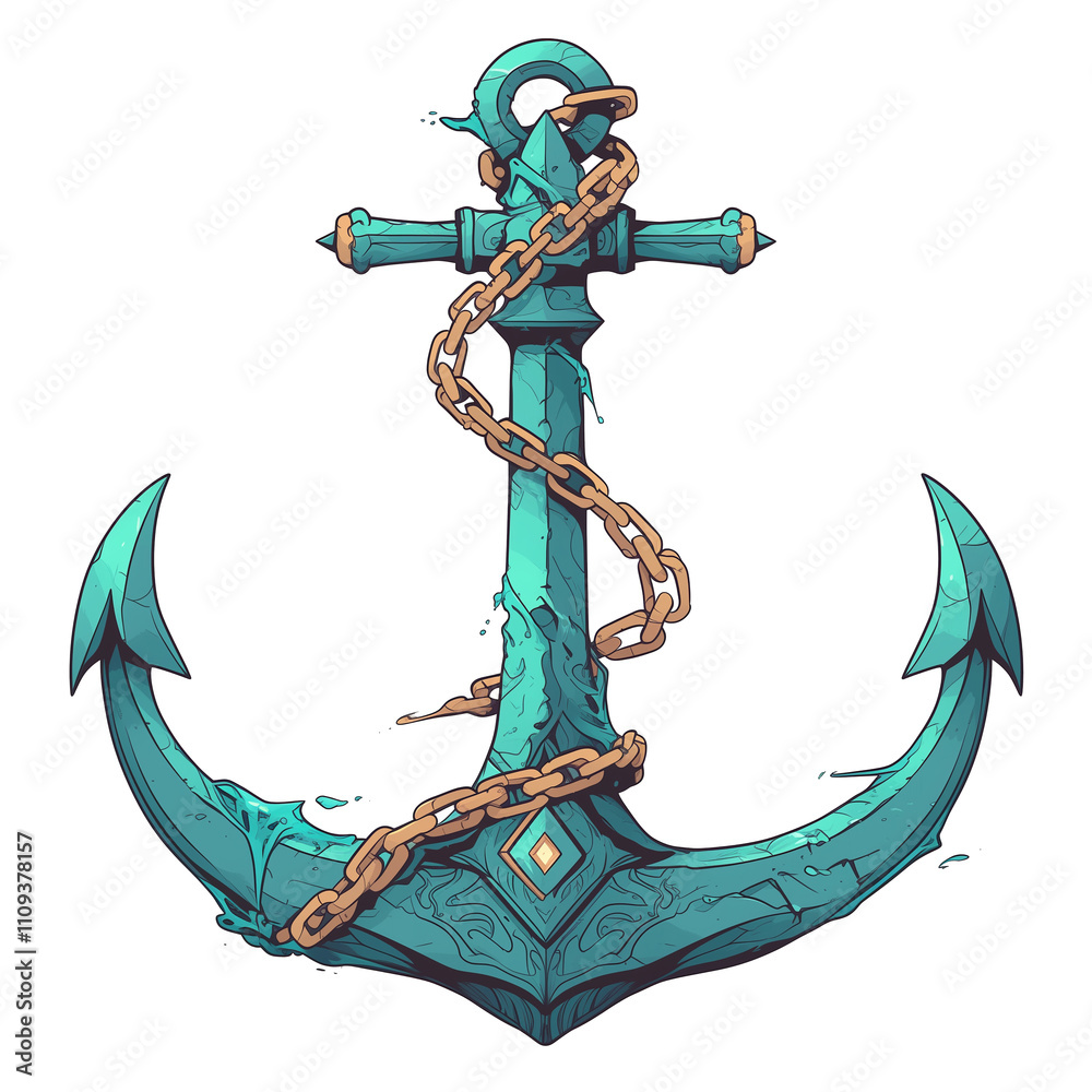 Poster turquoise anchor with intricate design and chain detail isolated on white background, evoking nautic