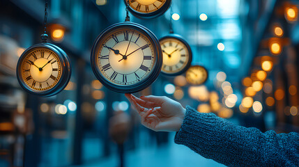 A surreal image where different-sized clocks are hanging in the air, and a person is carefully picking one, representing prioritizing tasks based on their urgency