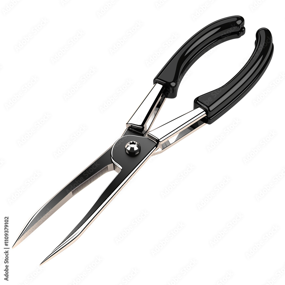 Poster wire cutter with black handles isolated on white background, showcasing sharp metal blades and ergon