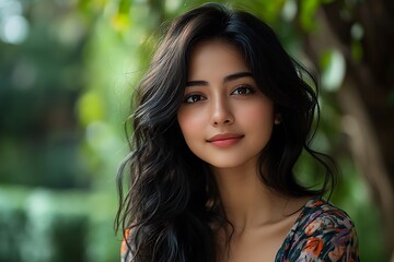 Fototapeta premium Golden Hour Outdoor Portrait Woman with Clear Skin and Subtle Makeup