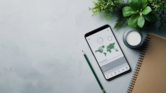A flat lay of climate adaptation tools: a weather monitoring app on a branded smartphone,