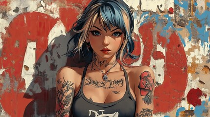 Vibrant tattoos adorn the beautiful anime girl as she stands proudly in front of her latest colorful graffiti creation in the city