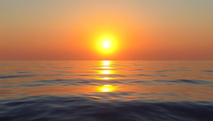 Obraz premium Digital rendering depicting a vibrant yellow sun setting over a tranquil ocean casting reflections on the water surface with a white accent, png