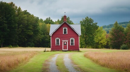 Fototapeta premium Rustic red house in a field. Serene countryside scene.