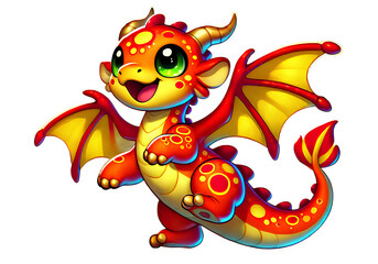 Obraz premium A vibrant baby dragon with red scales, yellow wings, and cheerful green eyes, smiling playfully.