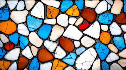 A vibrant mosaic featuring a mix of colorful stones in blue, orange, white, and red, arranged in an eye-catching pattern.